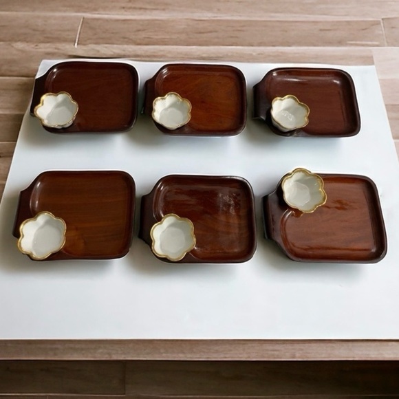 Vintage Denny Francis 1978 Wood Snack Trays w/ Porcelain Dishes | Set of 6 - Picture 4 of 7